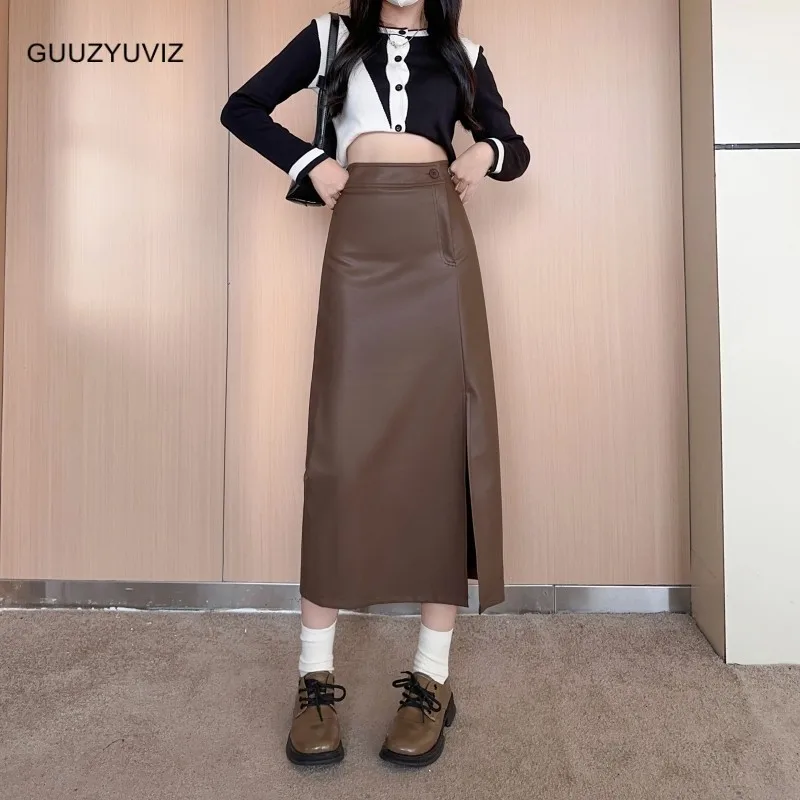 

GUUZYUVIZ Black Faux Leather A-line Split Skirt Women PU Autum Winter 2023 High Waist Loose Fitting Fashion Ladies