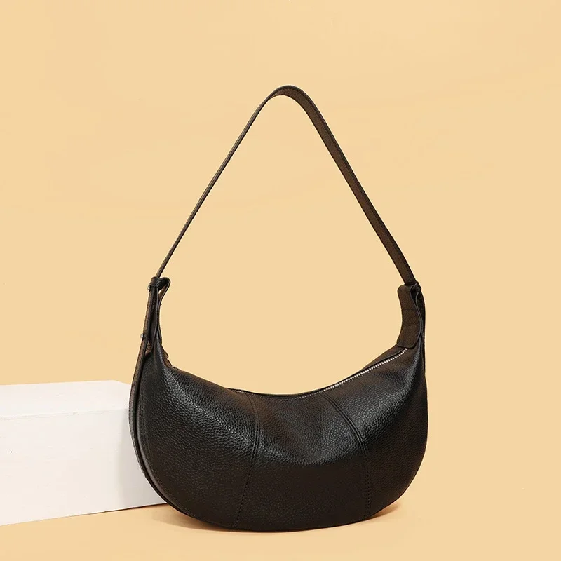 100% Echtes Leder Schultertasche für Damen Große Kapazität Halbmond-Form Designer Kuhledertasche für Pendler Shopper-Tasche – Detail 6