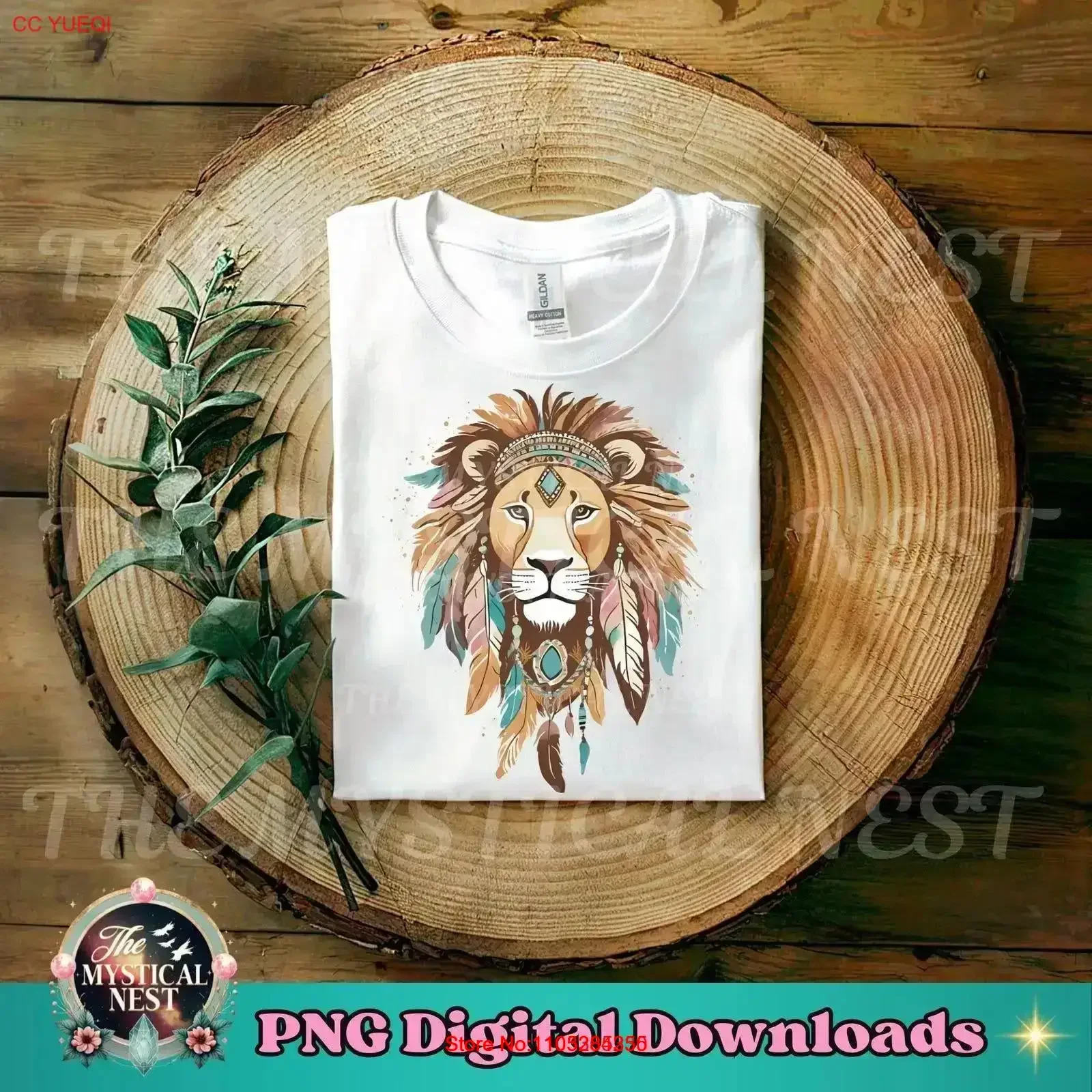 Diseño de camiseta tribal con león PNG y plumas, sublimación, descarga digital, arte imprimible, vintage, lavado, cómodo