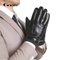 GOURS-guantes de piel auténtica para hombre, manoplas de piel de oveja Real negra con pantalla táctil para conducir, forro polar con puño de punto de lana, novedad, GSM057