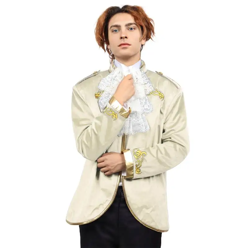 DAZCOS Mens Velvet Embroidery Blazer Medieval Suit Jacket Court Fashion Uniform Victorian Cosplay Ruff Collar Chiffon Mesh Ruffs