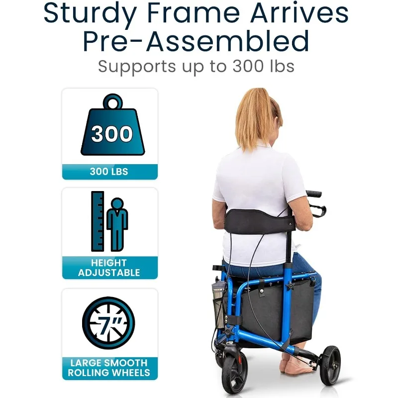 3輪歩行器（シート付き） - 高齢者・大人向け三輪歩行器 - 軽量で折りたたみ可能、シート、ブレーキ、車輪付き