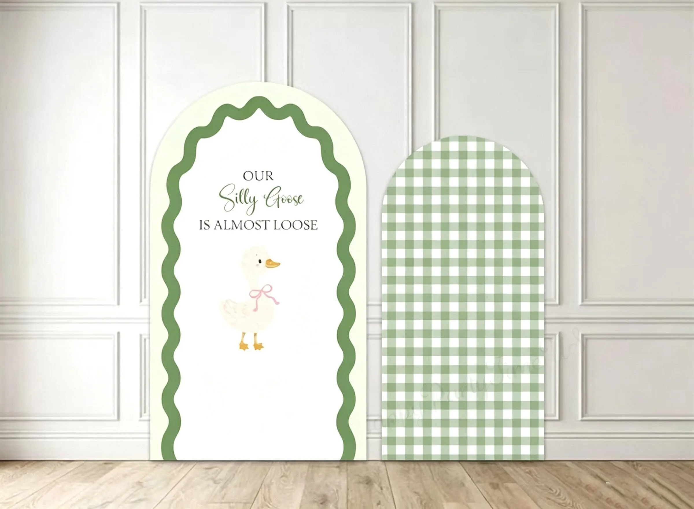 Custom 2-Side Silly Goose Almose Loose Baby Shower Arch Backdrop Cover Green Checked Birthday Party Decor Backdrop Photo