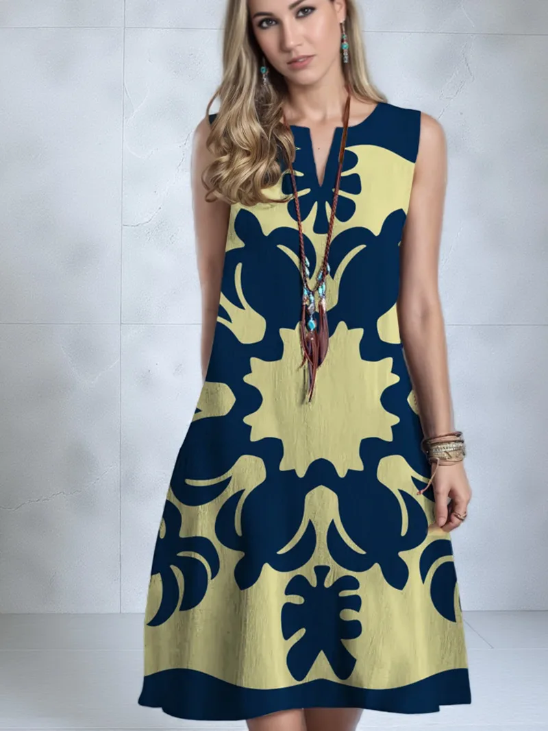 2025 Vêtements pour femmes transfrontaliers européens et américains Nouvelle robe col en V sans manches Sexy imprimé grand ourlet robe mi-longue RSY6