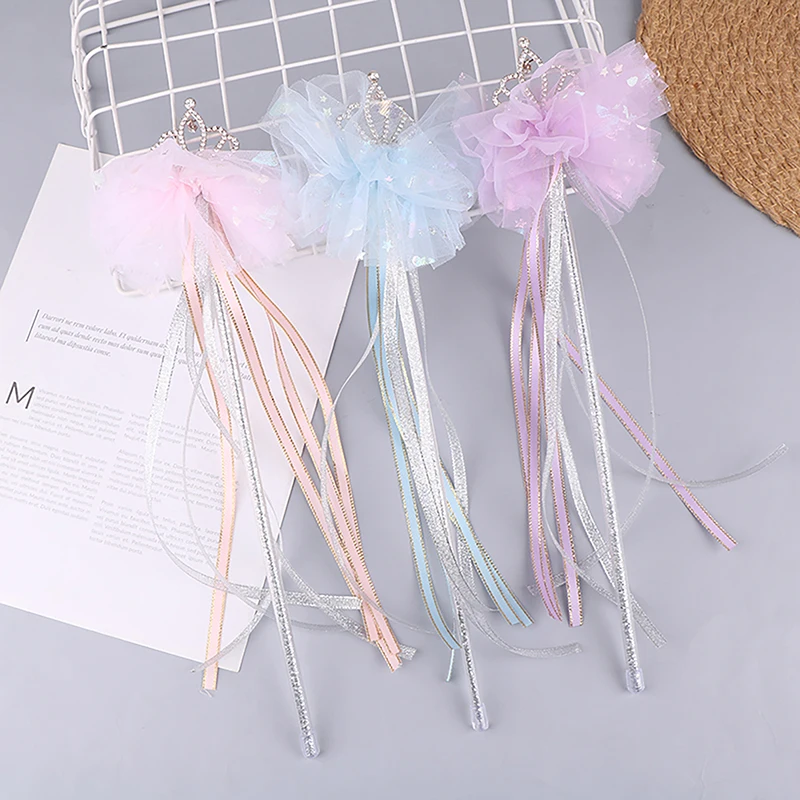 New 1pc Cute Crown Ribbon Magic Stick Tassel Wand Children Girl Gift Party Fairy Wand Princess Cosplay Prop DIY Photography prop