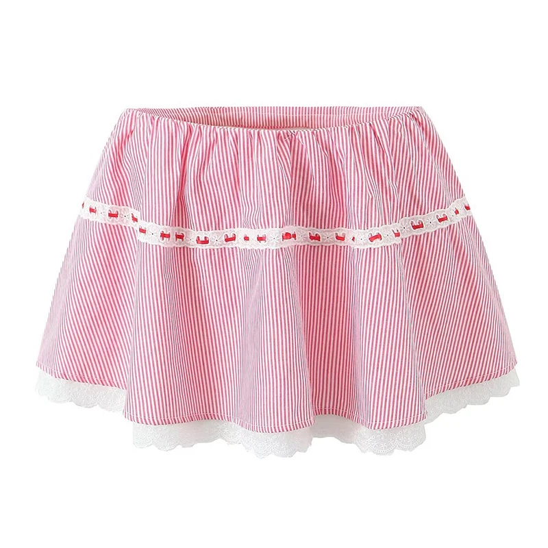 YENKYE New Women Sweet Lace Patchwork Striped Mini Skirt Holiday Summer Casual A-line Skirts Cotton