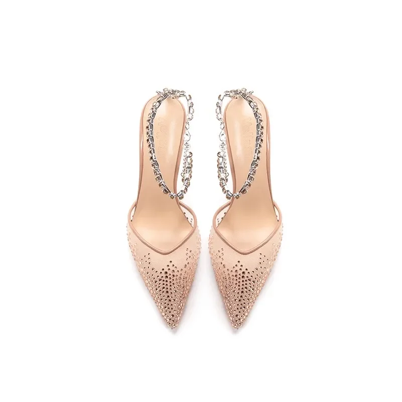 Dedo do pé apontado strass corrente alta malha quente strass sandálias rasas feminino stiletto elegante sapatos de casamento sandalias mujer