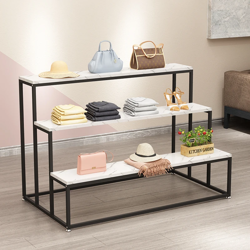 shopping mall, high, medium and low three-story storage racks, shoe stores, bags, marble flowing tables, clothing store display