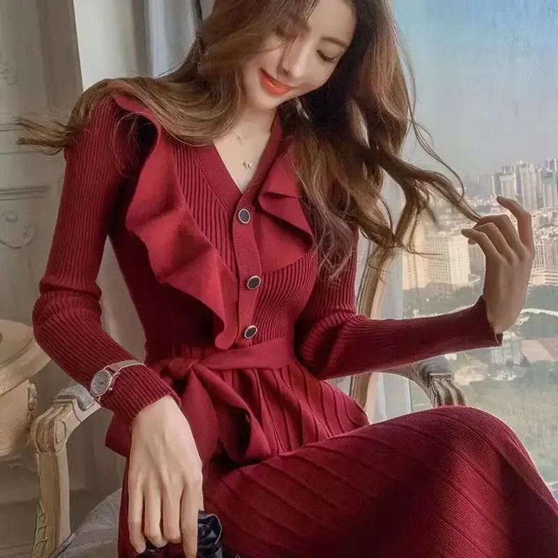 

AzaleeKa Temperament Knitted Dress Women Autumn Winter Ruffles V Neck Waisted Slim Pleated A-line Long Sleeve Sweater Dresses