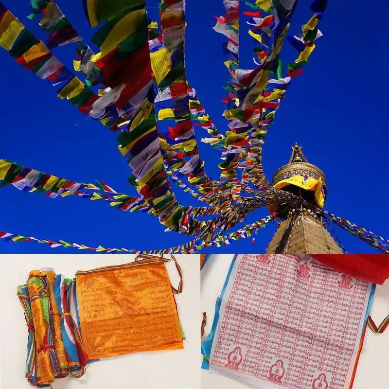 1pc Religious Flags Tibetan Buddhist Supplies Colour Print Prayer Flag Artificial Silk Banner Scriptures Garden Flags