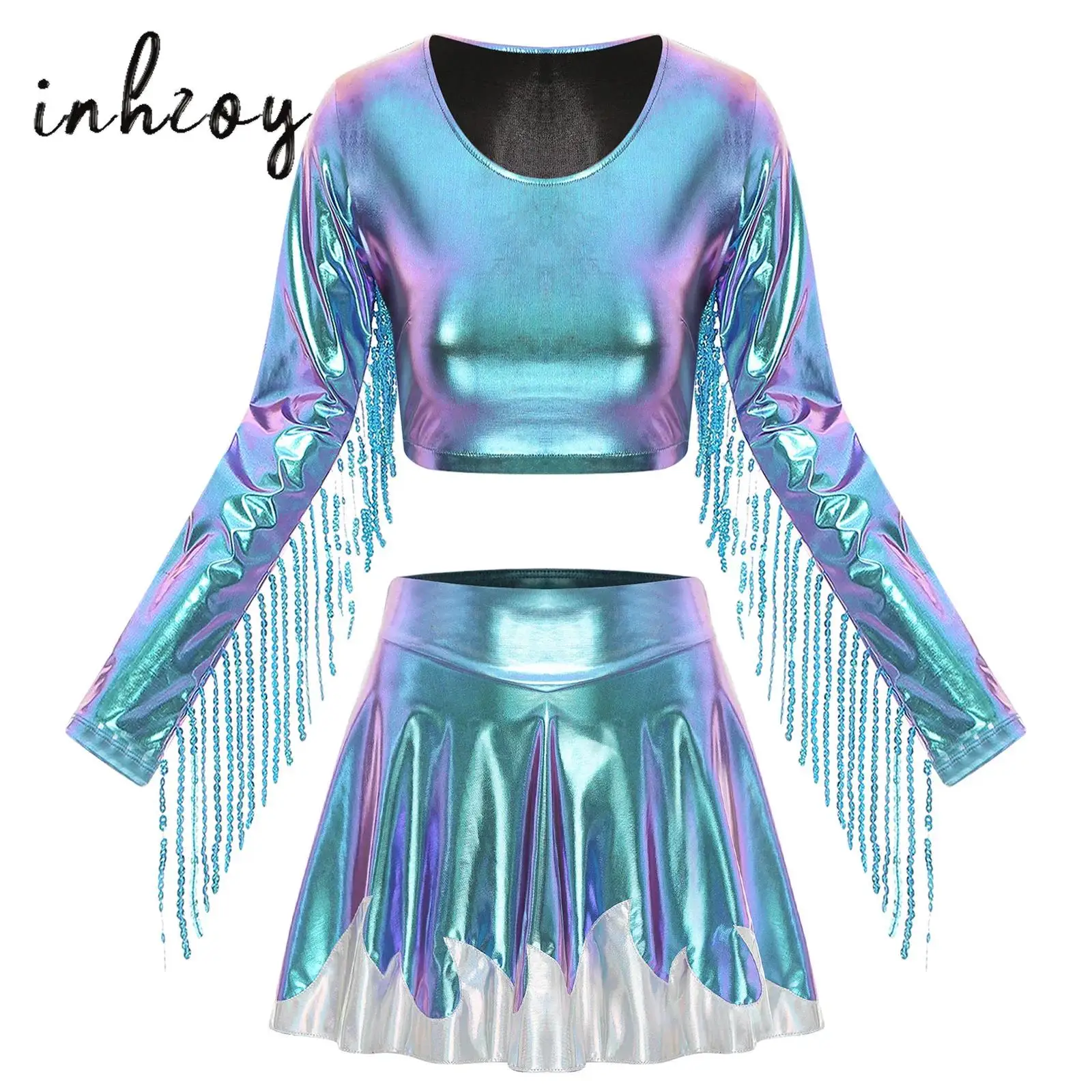 

Womens Metallc Shiny Raves Clubwear Tassel Long Sleeve Crop Tops And Pleated Mini Skating Skirt 2-piece Outfit for Party Latin