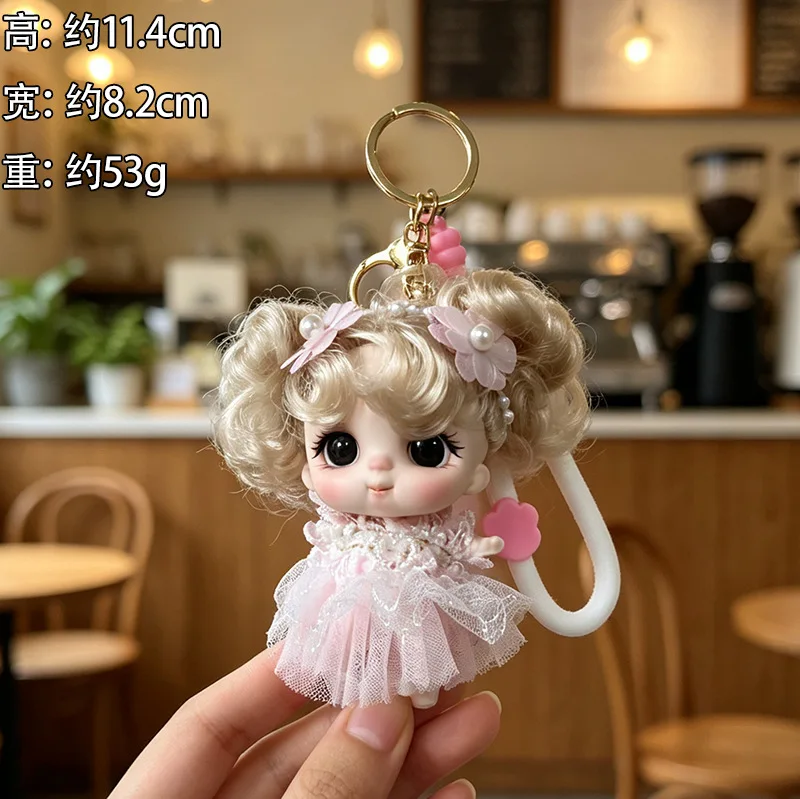 11cm Sweet Girl Doll Keychain Pendant Joints Moveable Gold Hair Mini Princess Doll Dress Up Toy Exquisite Girl Toy Bag Key Charm
