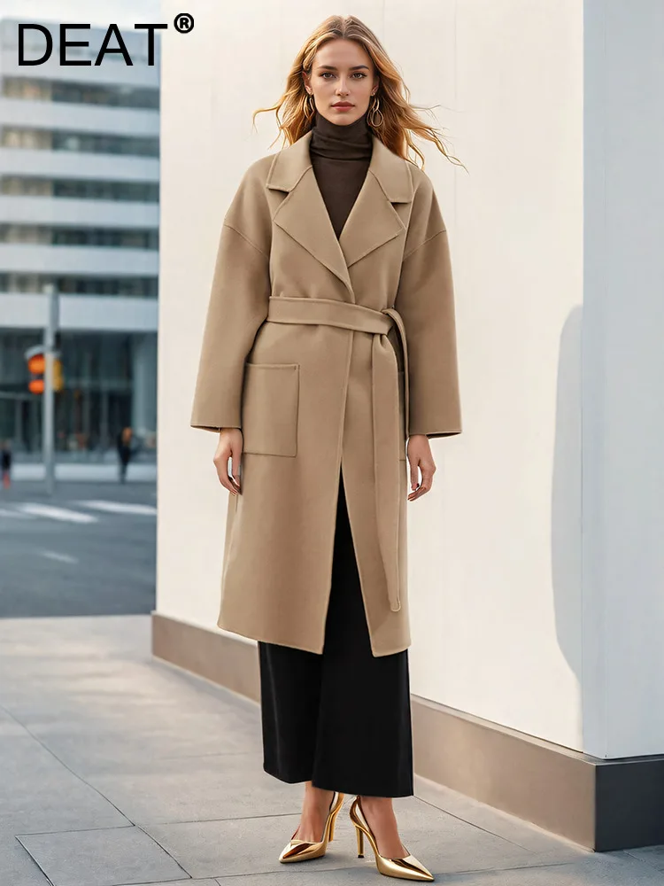 

DEAT Fashion Women's 1005 Wool Double Side Coat Lapel Loose Raglan Sleeve Sashes Brwon Blends Overcoat Winter 2024 New 7AB5496