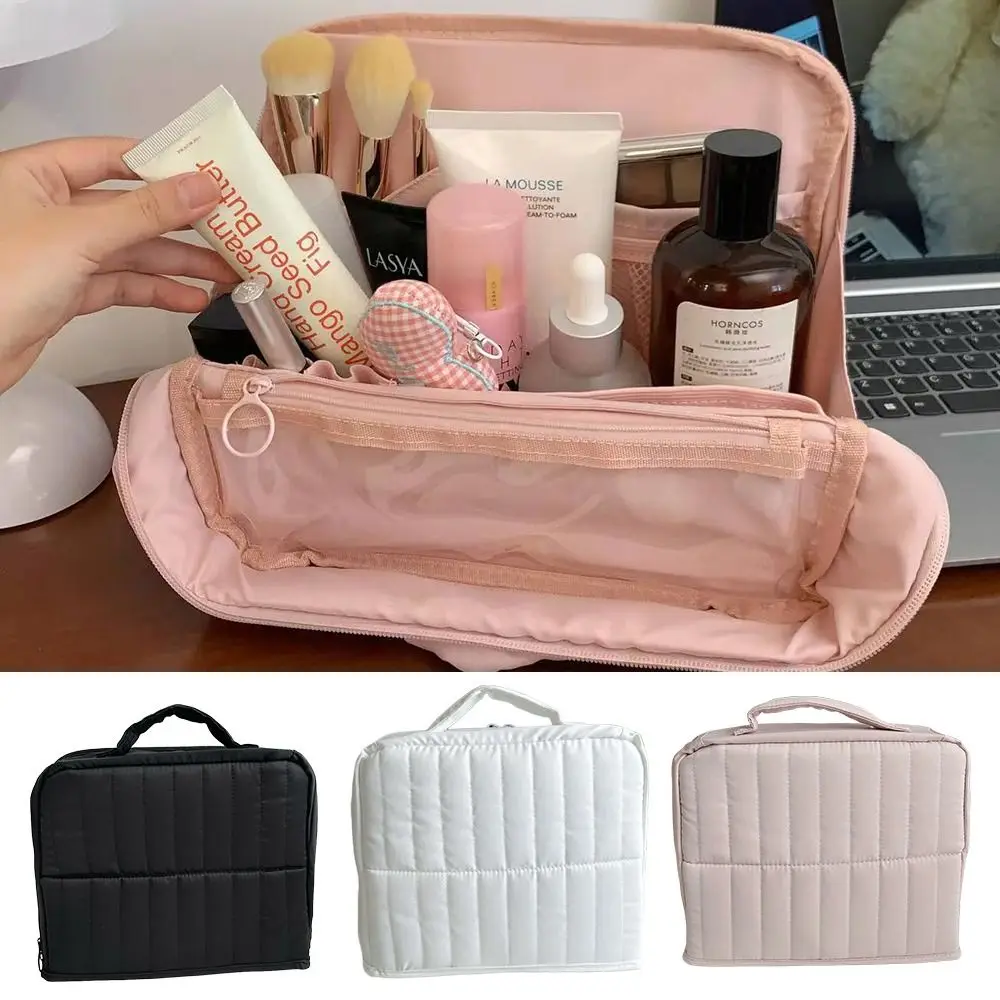 Bolsa de maquillaje de pie de tela Oxford, bolsa de aseo impermeable de gran capacidad con compartimentos, organizador de papelería para mujeres y niñas