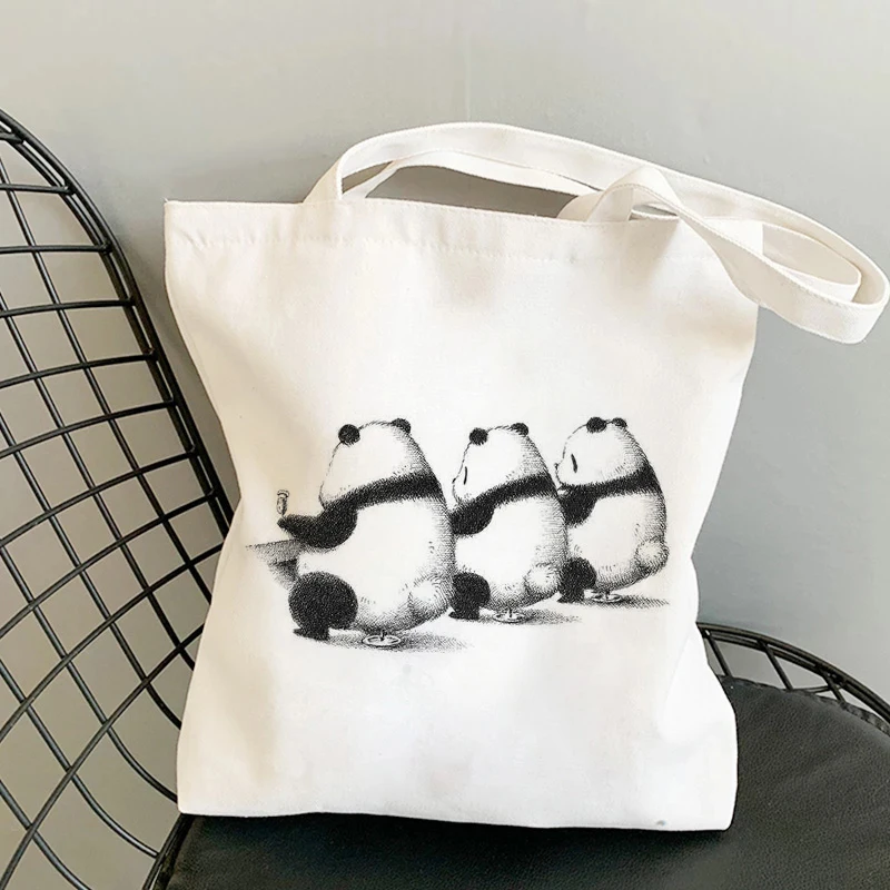 Bolso de mano informal con estampado de Panda para mujer, bolsa de mano de lona blanca de gran capacidad, a la moda, novedad