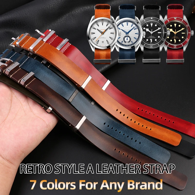 Vintage waxed cowhide watchband For Seiko TIMEX T49905 Hamilton longer Men strap 20mm 22mm 24mm three-ring buckle thic