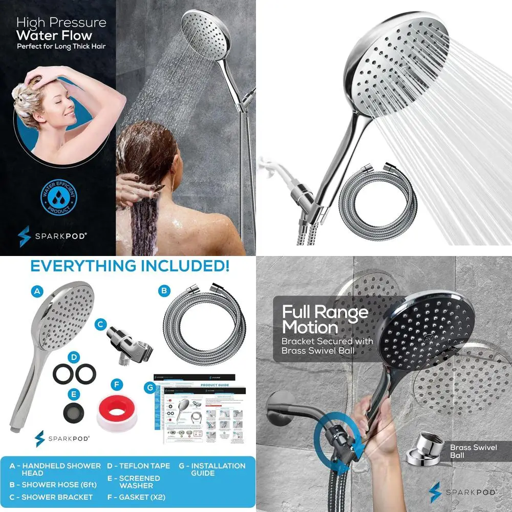 

6 Large Face High-Pressure Shower Head with 6ft Hose and Easy Install Bracket - Chrome Finish
