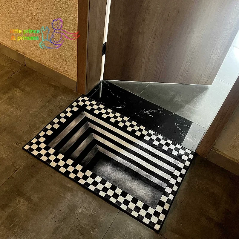 3D Vortex Illusion Square Rug Outdoor Mat Black and White Checkerboard Trap Floor Mat Decor Indoor Carpet Vortex Rug