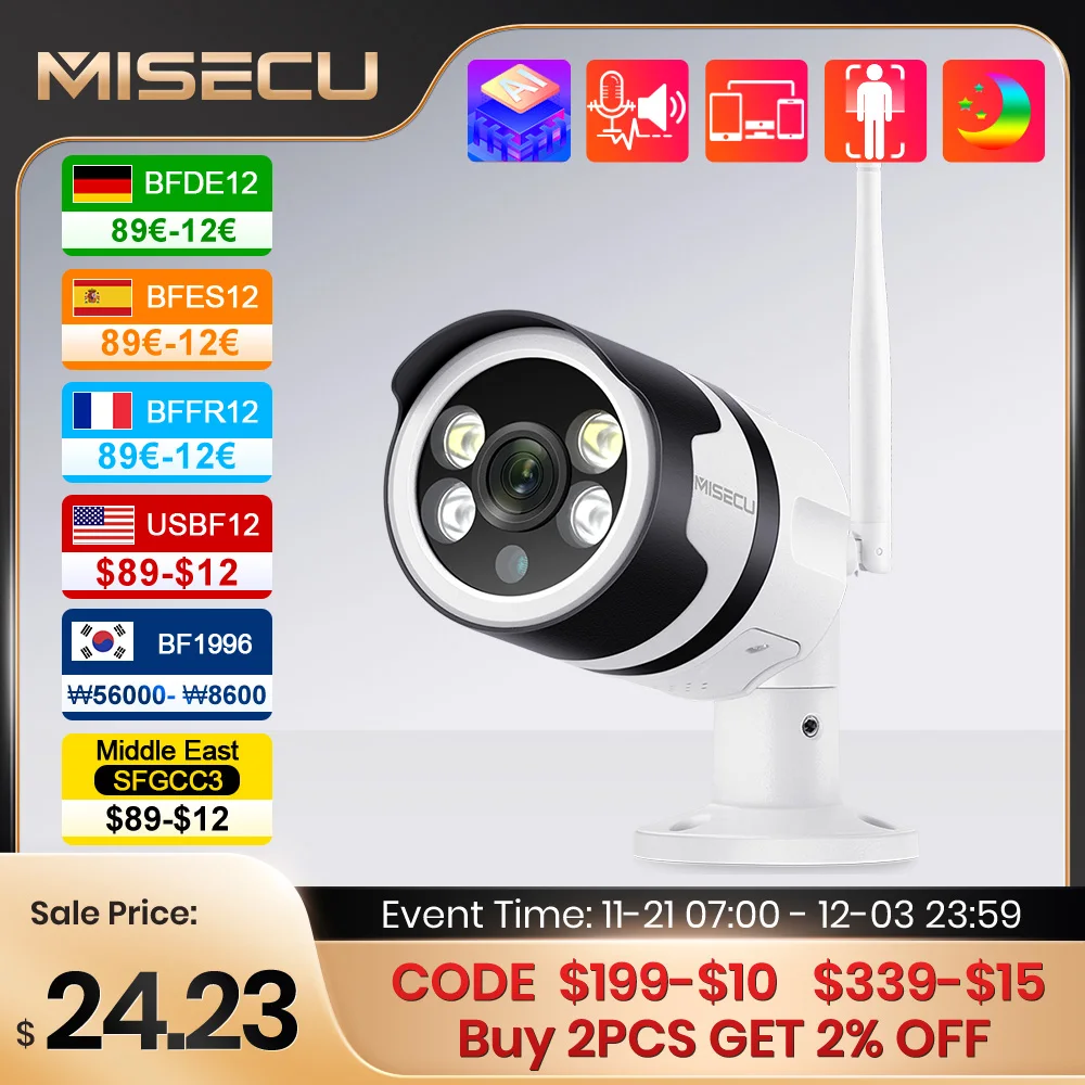 MISECU 3MP 5MP Wireless AI IP Camera Two-way Audio Outdoor Color Night Motion Detect Record Surveillance Security Camera WIFI