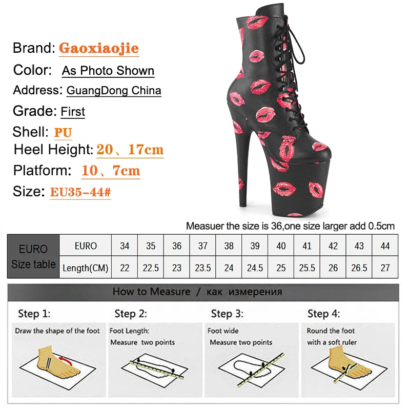 Sexy Lipstick Print Round Toe Short Boots Thin Heels Stripper Shoes Ankle Boots For Women 17cm 20cm Platform Pole Dance Heels