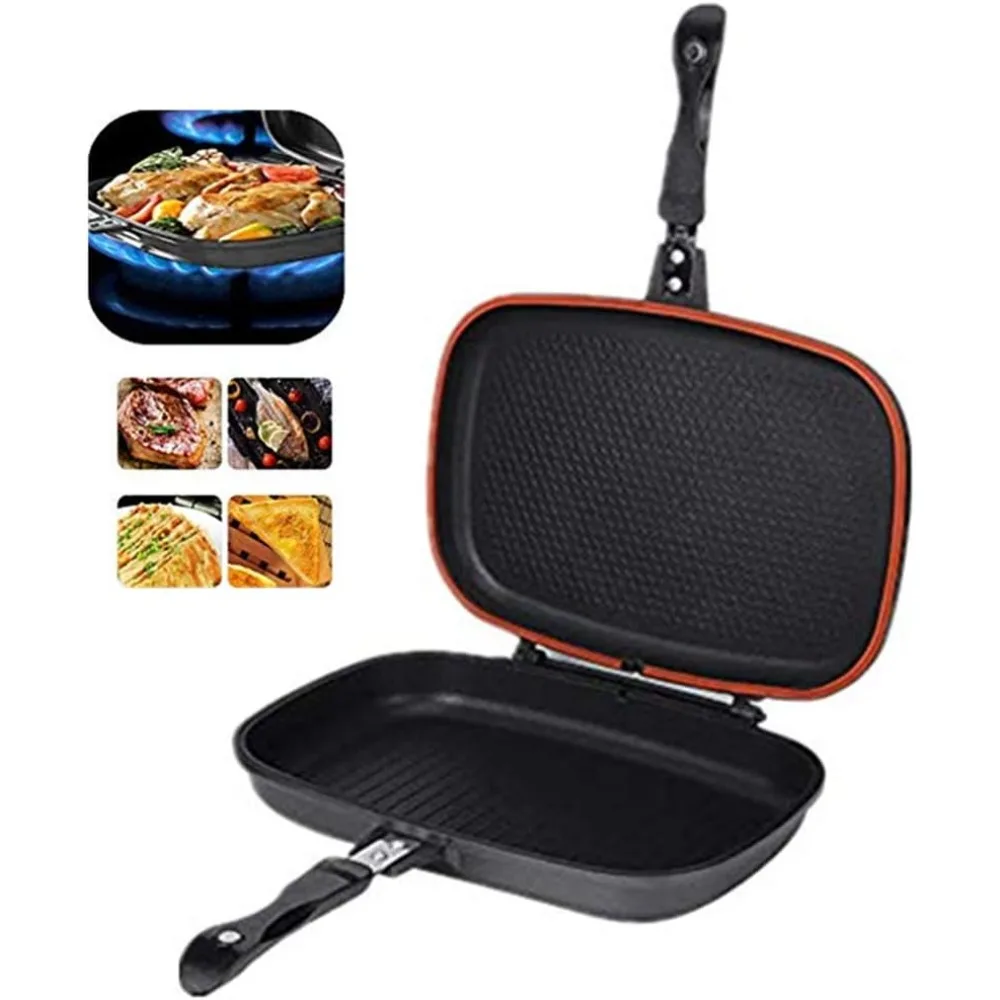 

Double Sided Grill Pan Portable Frying Pan Flip Nonstick Barbecue Cooking Tool Cookware Antiscalding Handle for Indoor Outdoor