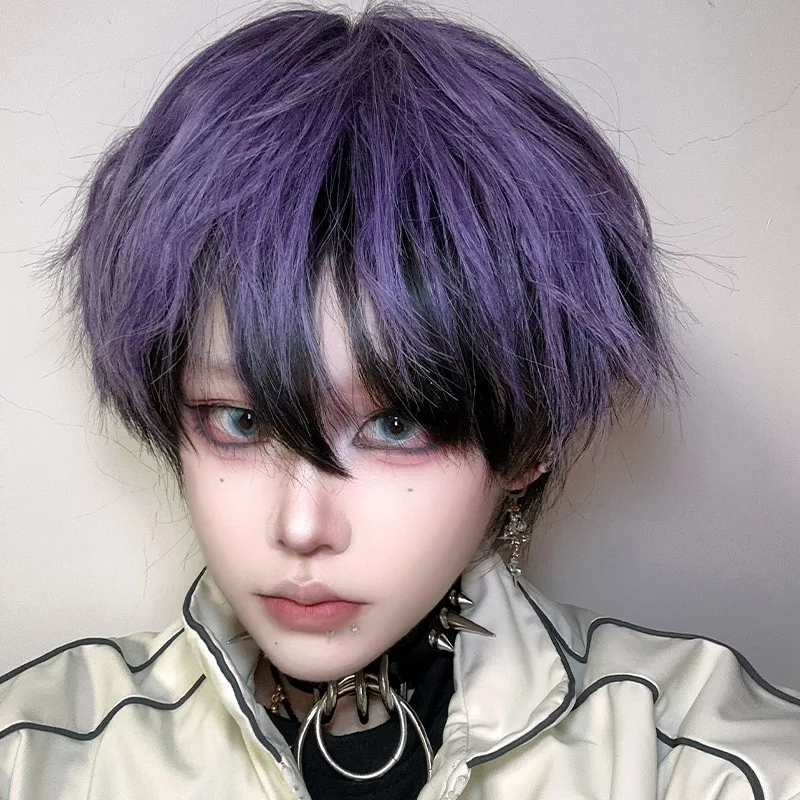 شعر مستعار، شعر قصير محايد، ألياف COS، شعر مقلد، أرجواني داكن، شعر بوب مصبوغ، شعر مستعار قصير