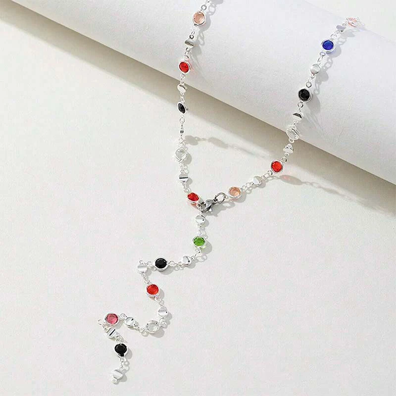 1Pc Fashion Colorful Glass Long Y-shaped Necklace Metal Collarbone Chain Gold Silver Color Tassel Necklace Party Body Jewelry image 5
