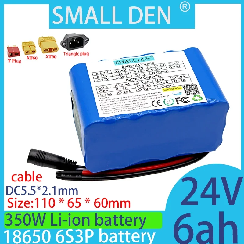 24V 6Ah 6s3p 18650 lithium-ion battery pack for car, high-power ultra-thin portable battery, 15A with BMS 350W power supply