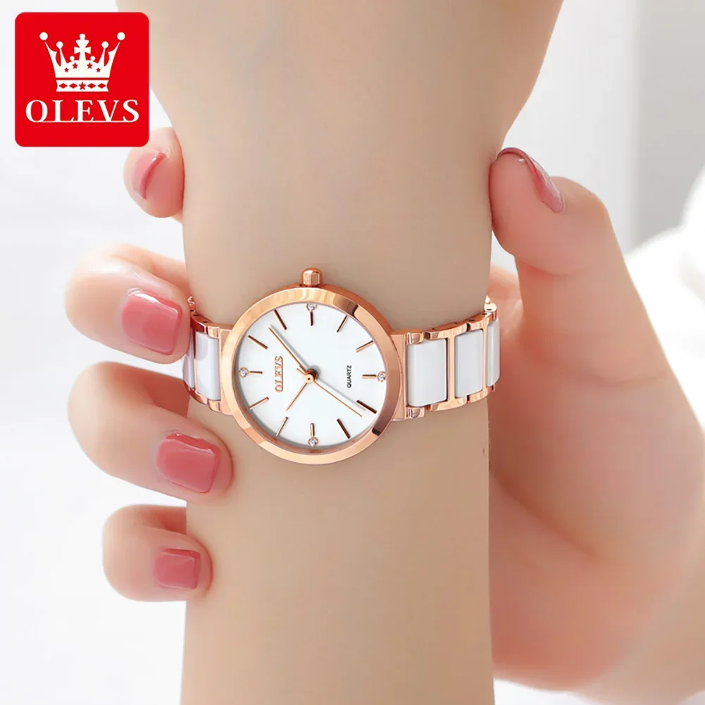 OLEVS-Reloj de pulsera de cuarzo japonés para mujer, accesorio de alta calidad, resistente al agua, con correa de cerámica, a la moda, 5877