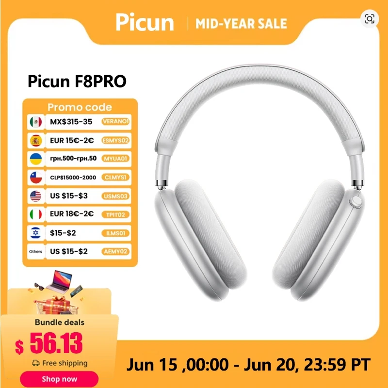 Picun F8 Pro ANC Słuchawki bezprzewodowe Śledzenie głowy 3D Spatial Audio -52dB ANC HIFI Zestaw słuchawkowy Bluetooth ENC HD Mic Aplikacja o niskim opóźnieniu