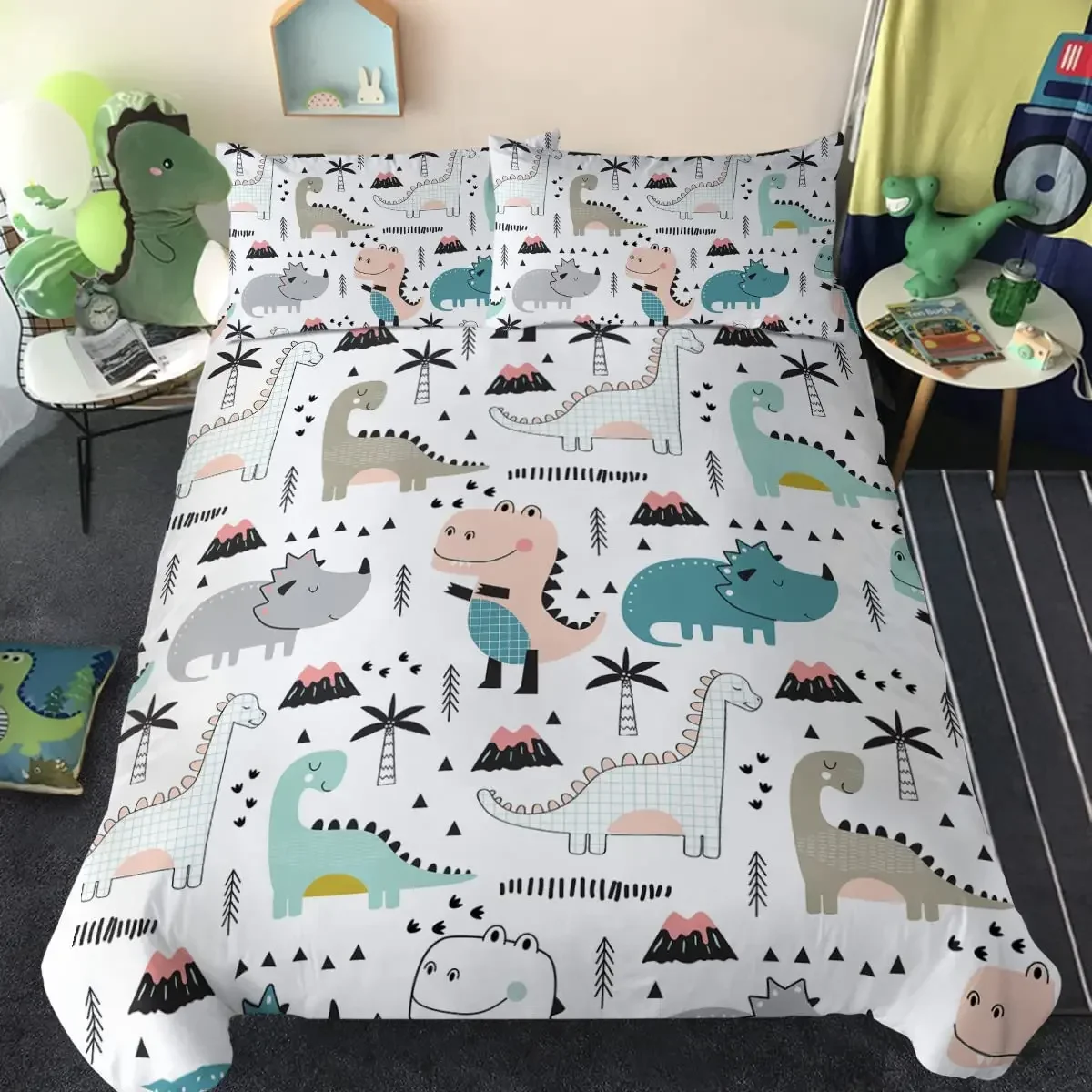 

Dinosaur Print Duvet Cover Set for Twin Size Boys Cute Ancient Animal Bedding Set Hand Drawn Dino Cartoon Polyester Quilt Cover