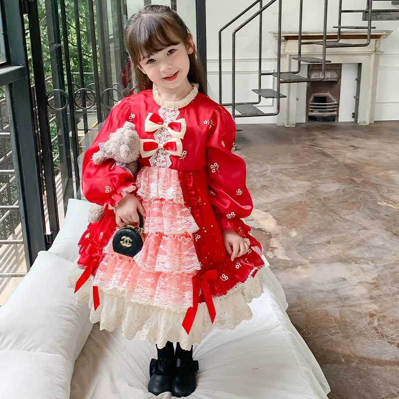 

2025 Royal Lolita Dress For Child Girl Vintage Embroidery Infants Spanish Autumn Lace Ball Gown Kids Dresses Girls Frock Clothes