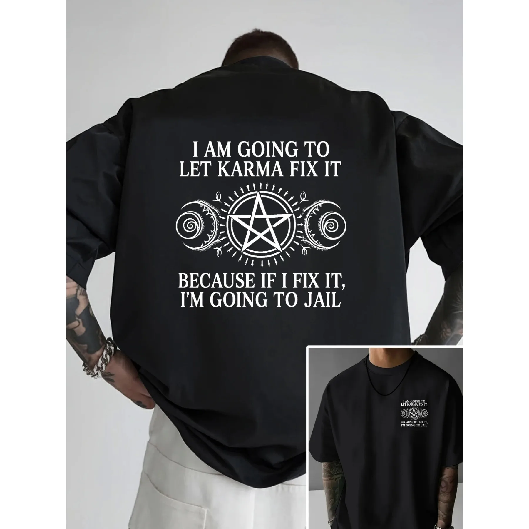 Karma Will Fix It Funny Witchcraft Pentagram Graphic Tee Men's Loose Fit Cotton T-Shirt Casual Trip Wear