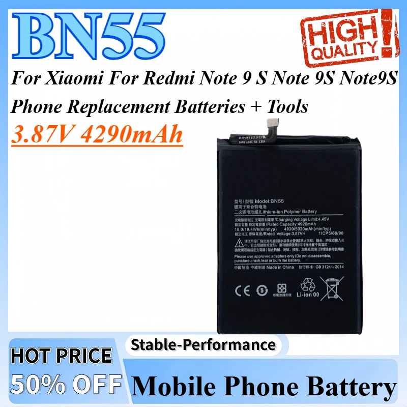 3.87V 4290mAh BN55 Mobile Phone Battery For Xiaomi For Redmi Note 9 S Note 9S Note9S  Phone Replacement Batteries + Tools