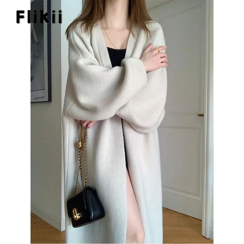 Women Chic Casual Style Solid Color Knitting Long Sleeve X-long Cardigans 2024 Winter Fashion Sexy Oversized Simple Sweater