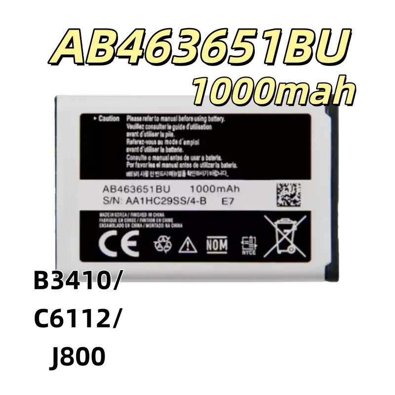 Replacement battery AB463651BU Suitable for B3410/C6112/J800 AB463651BE/AB463651BU mobile phone batteries 1000mah