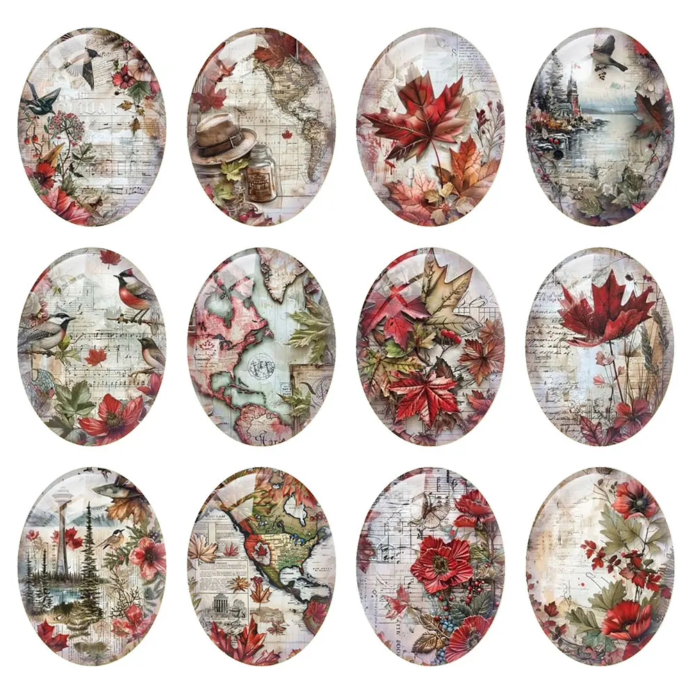 Random Mixed Round/Oval/Square Autumn Maple Leaf Bird Map Photo Glass Cabochon Flatback Demo Cameo For Diy Jewelry Making