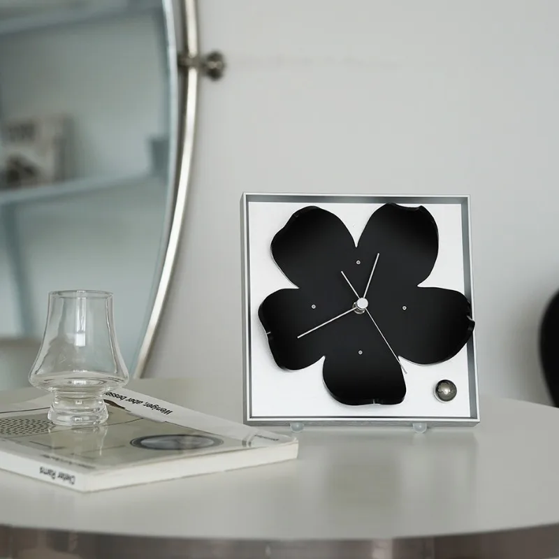 Nordic Minimalist Wall Clock Black Cherry Silent Timepiece Modern Geometric Flower Decor Contemporary Living Room Table Clocks - Image 3