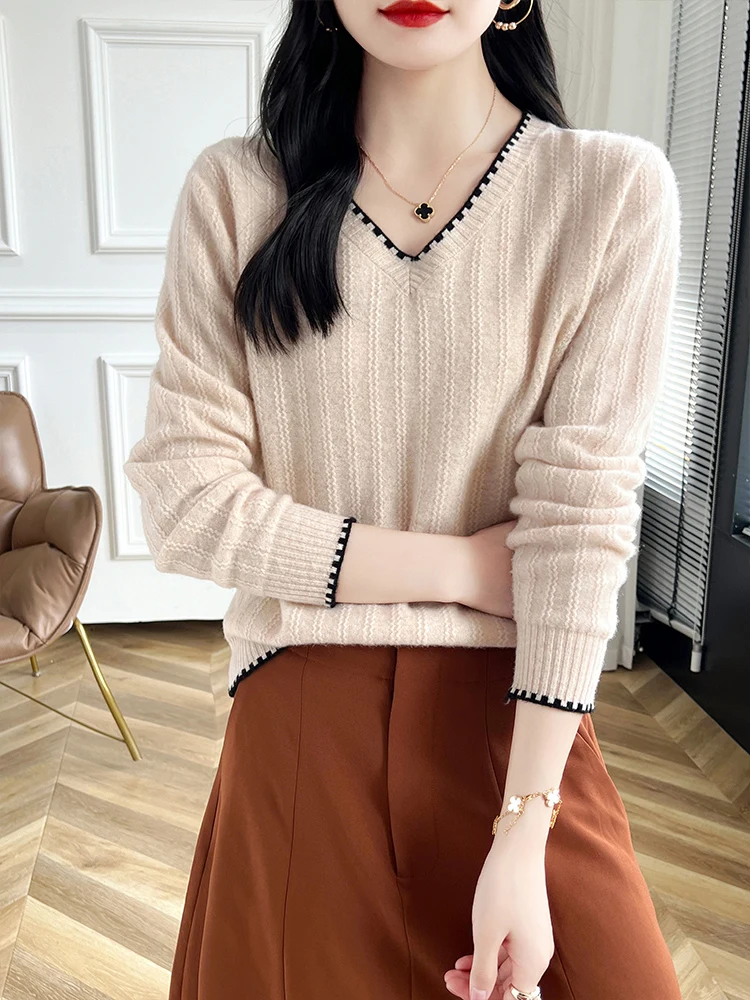 100% Pure Wool Match Color Sweaters Women's V-Neck Jacquard Knitted Pullover Fashion Loose Large Size Blouse Autumn Thick Jacket