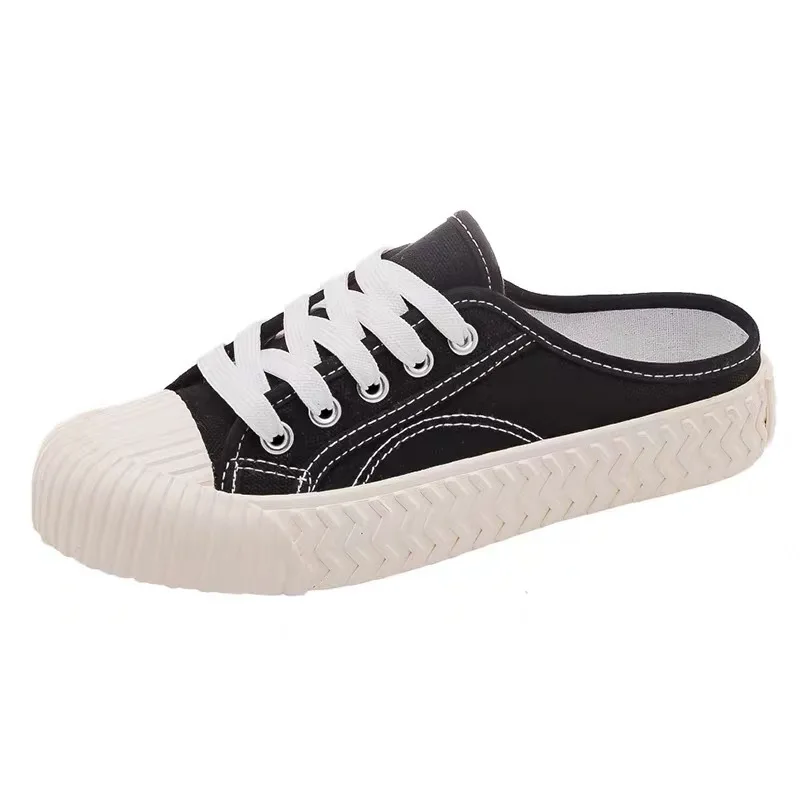 Fashion Backless Half Canvas Sneakers Women Slip on Lazy Mule Shoes Light Flat Breathable Casual Streetwear Footwear