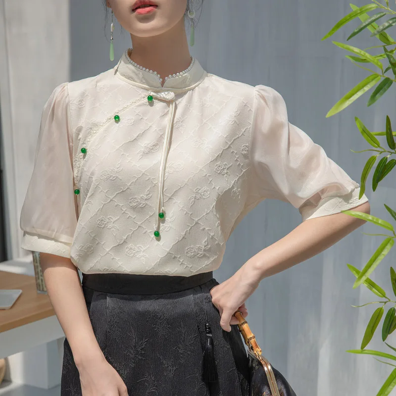 Women Clothing Vintage Elegant Chinese Style Embroidery Blouses Summer New Fashion Stand Collar Solid Color Tops Chic Pullovers