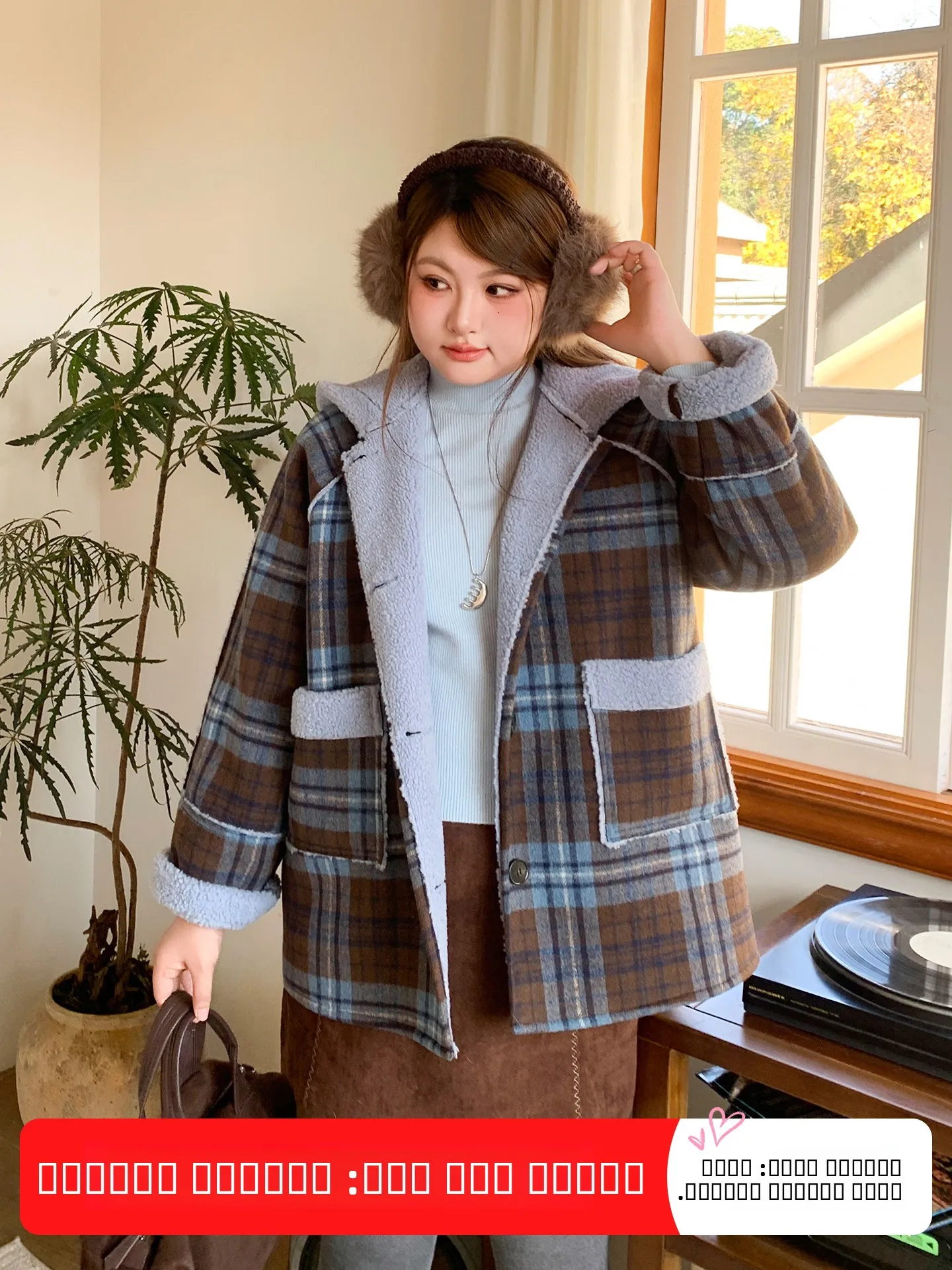 

Пальто женское YUZI Fi Roe из овечьей шерсти в сине-коричневую клетку, утепленное, с капюшоном, средней длины, в корейском стиле, свободного кроя, больших размеров