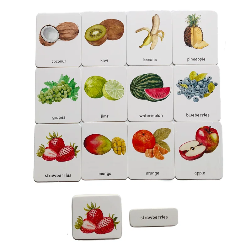 Materiales de lenguaje Montessori, tarjetas de 3 partes de Frutas/verduras/herramientas/instrumentos/granja/transporte, recursos de aprendizaje para niños