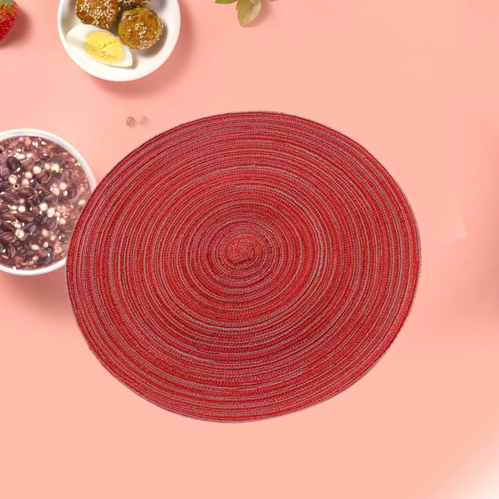 

Round Cotton Linen Woven Placemat Red Anti-Skid Heat Insulation Table Mat Coaster for Dining Room Woven Placemat