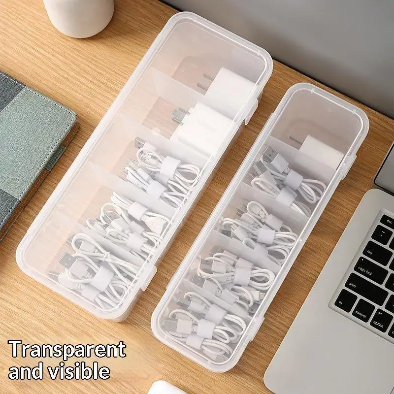 Clear Multi-Compartment Cable Organizer Case Dustproof With Lid Classification Storage Box for Home Office Desktop Organization