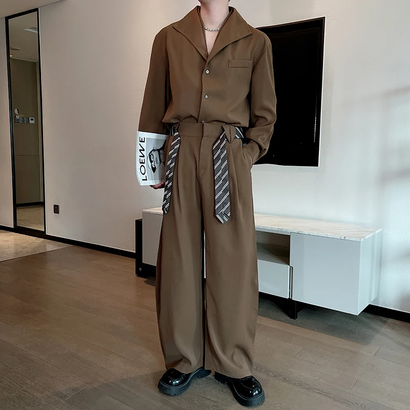 Autumn Double Collar Design Shirt Set Solid Colir Retro Shirt Suit Pants 2 Piece Sets Men Loose Social Streetwear Men Clothing