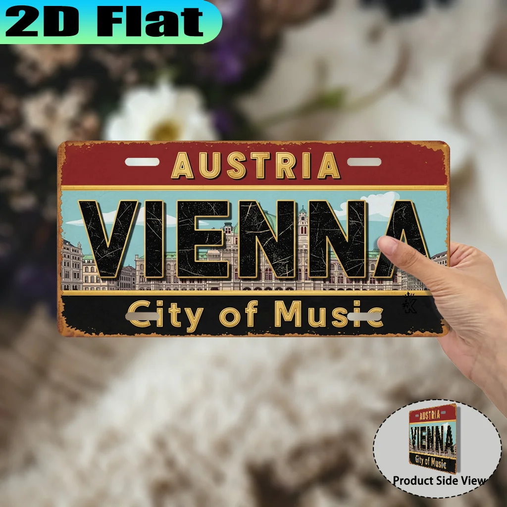 2D Flat, [2D Flat] 2D Flat Print, 1pc, Vintage Vienna City Aluminum License Plate 30.48x15.24cm, Urban Vintage Style, Gift for T