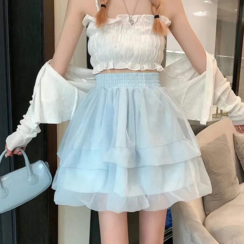 

Mini Skirt Cute Sexy Balletcore Elastic High Waist Ball Gown Ruffle Patchwork Lolita Skirt Short Korean Sweet Y2K Women Clothing
