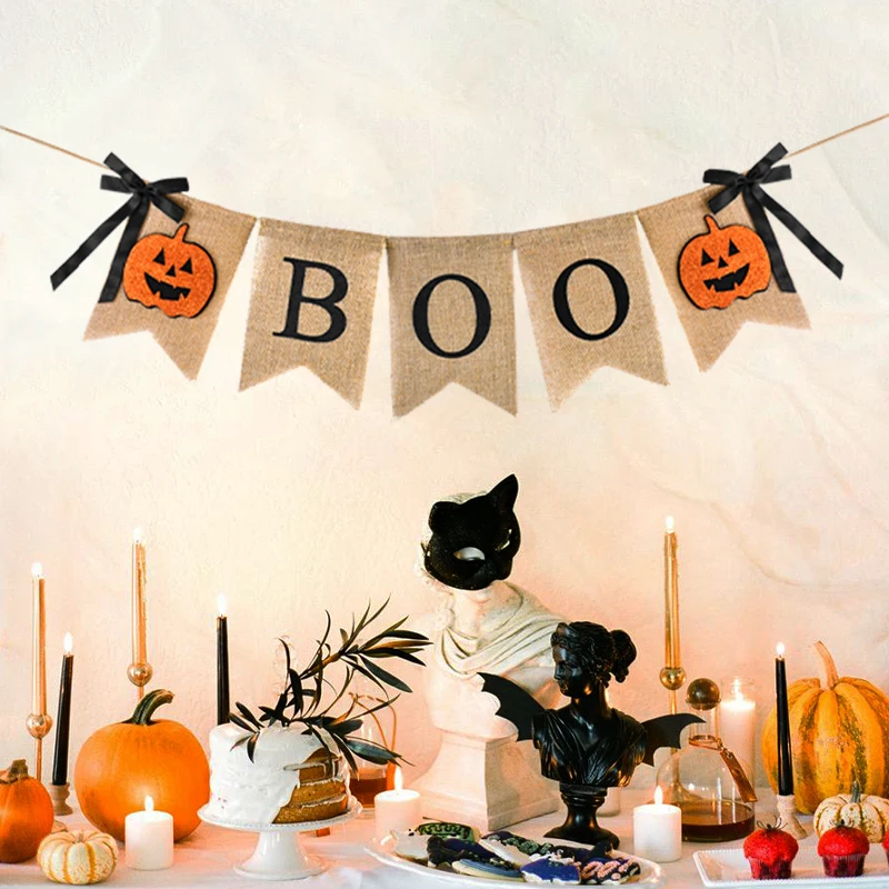 

Halloween Burlap Banner BOO Pumpkin Bunting Flag Home Fireplace Hanging Ornaments Haunted House Halloween Party Decor Supplies