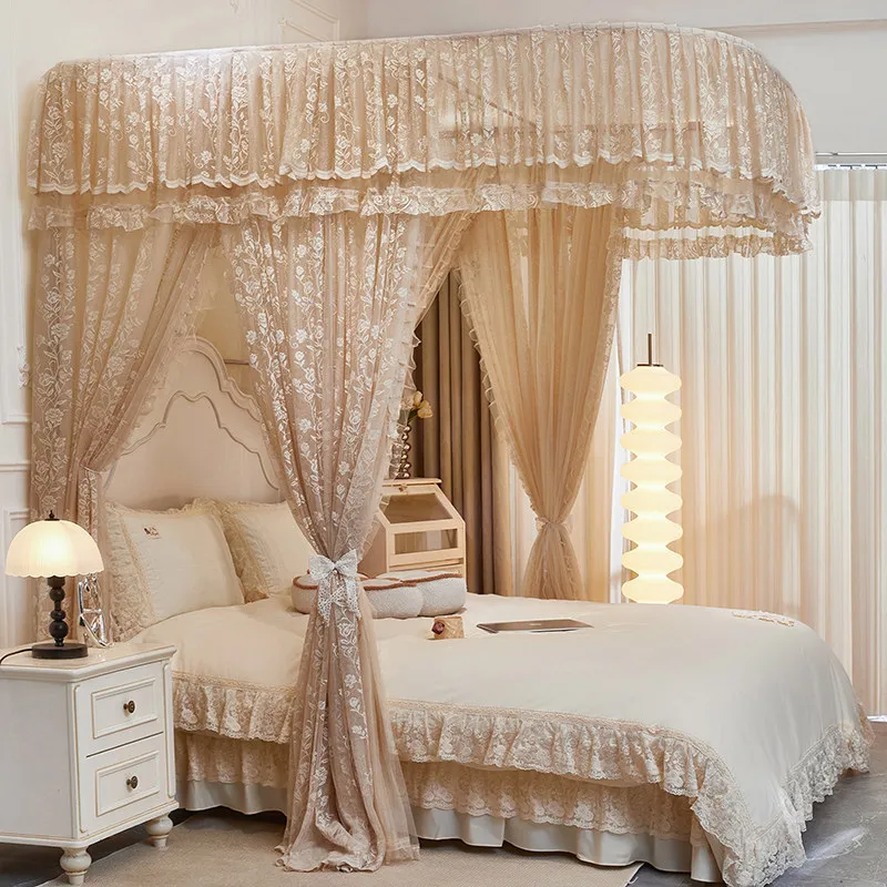 New double-layer lace guide rail mosquito net three-door thickened aluminum alloy bracket mosquito-proof bed princess style